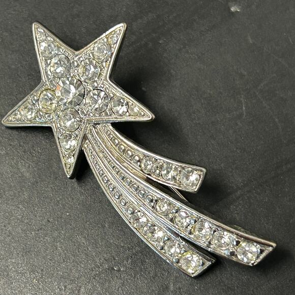 Vintage Shooting Star Silver Toned Clear Rhinestone Brooch Signed - Picture 1 of 4